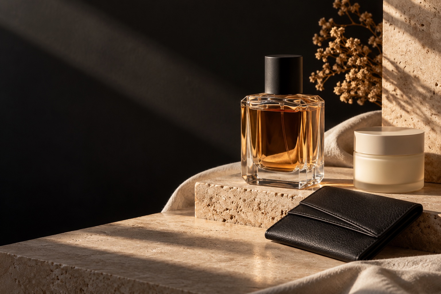 Editorial still life of fragrance, skincare and accessories